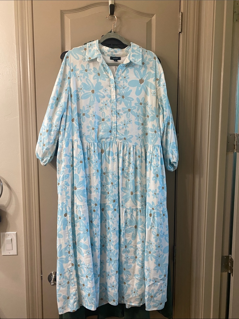 Alfani Blue and White Floral Tiered Shirt Dress